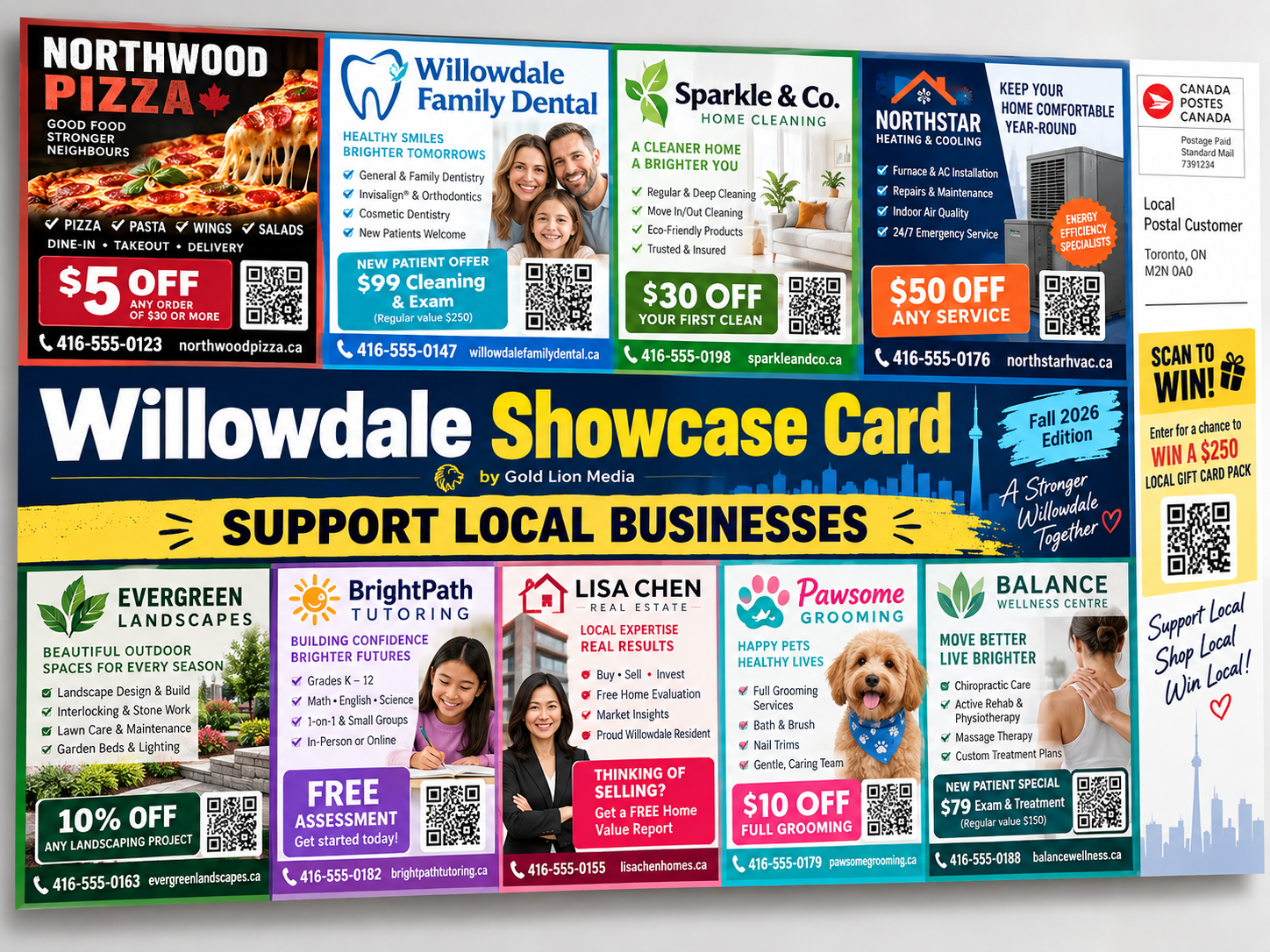A Gold Lion Media neighbourhood mailer featuring local Willowdale businesses