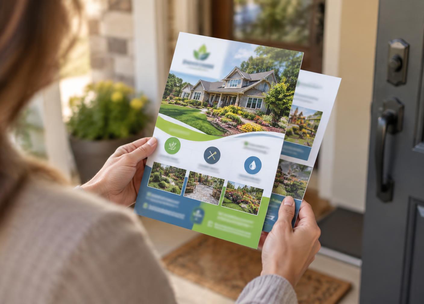 A resident reading a full-colour neighbourhood mailer at their front door