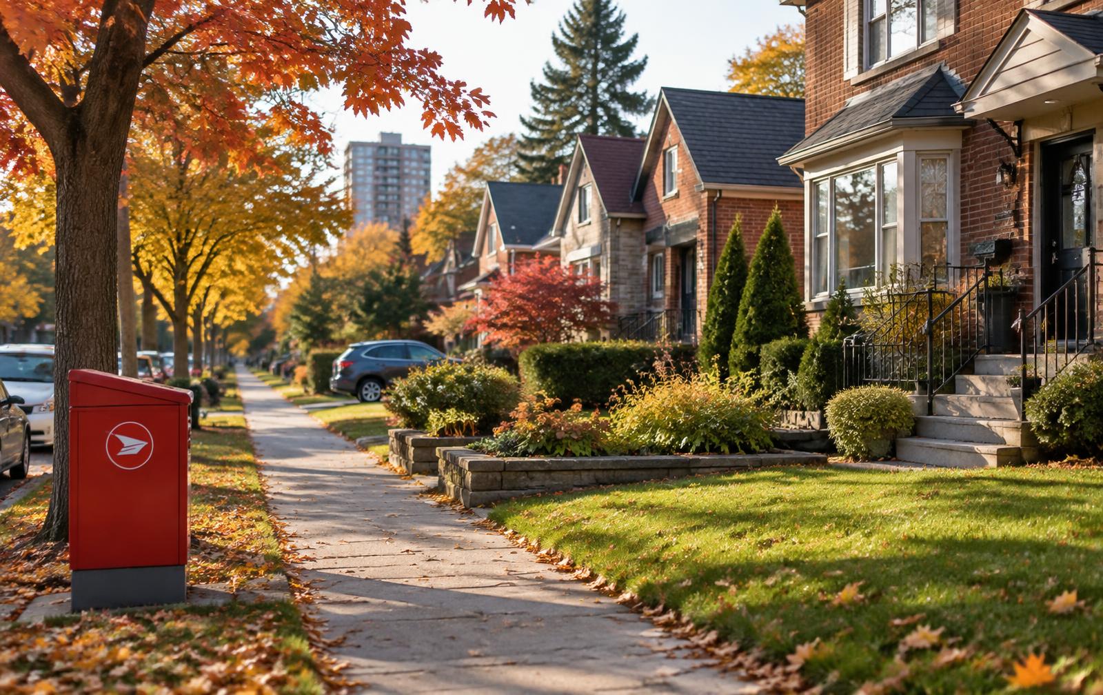 A quiet Toronto residential street with a Canada Post mailbox